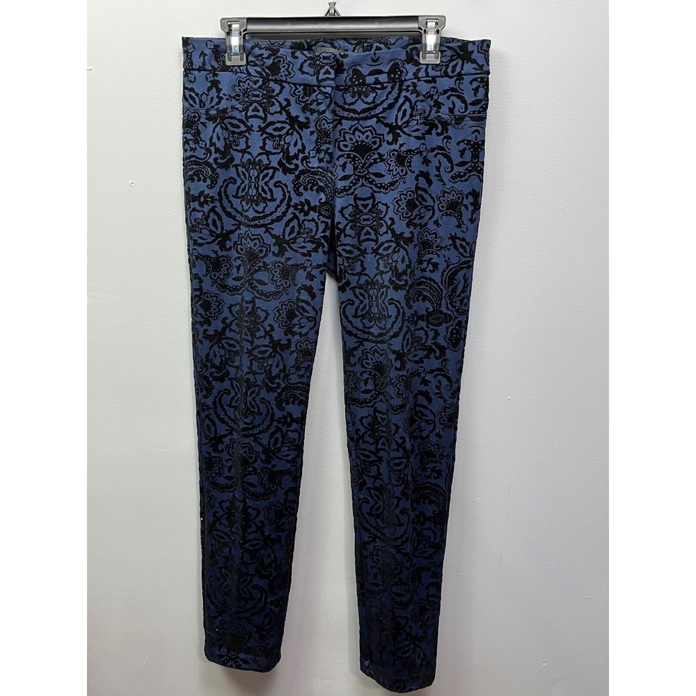 89th & Madison Pants Womens 8 Blue Black Flock Damask Velvet Slim Trousers 31x30